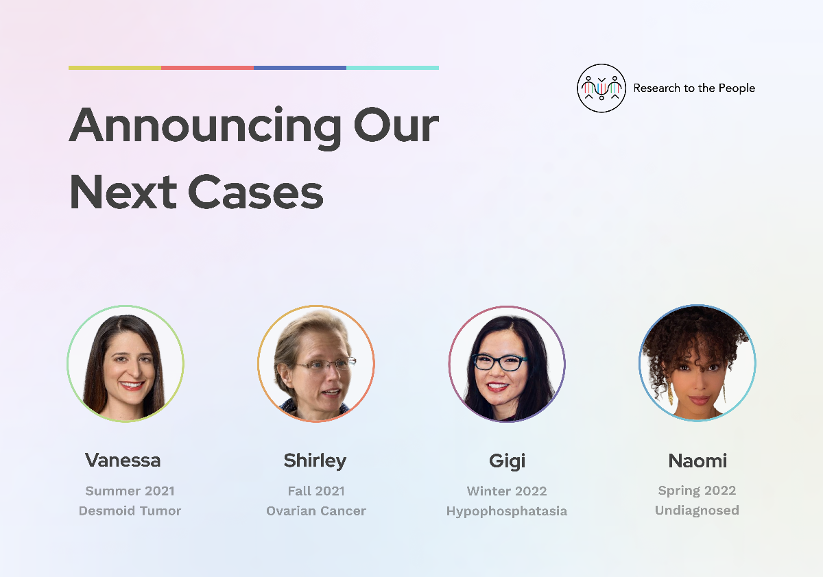 New Research to the People Cases for the 2021-2022 season. Cases include: Vanessa (Desmoid Tumor), Shirley (Ovarian Cancer), Gigi (Hypophosphatasia), Naomi (Undiagnosed)